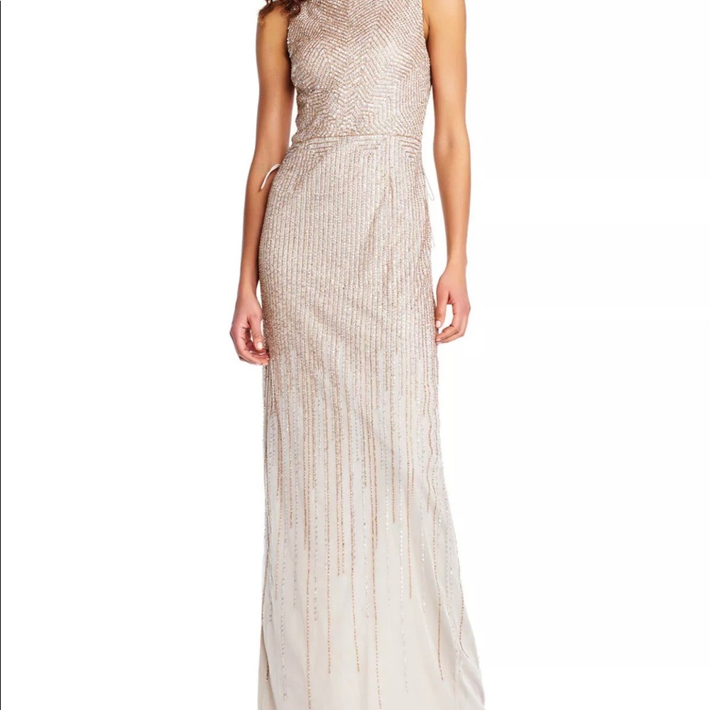 adrianna pappell beige beaded mock neck dress
